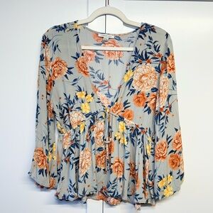 American Eagle Outfitters Floral Blouse - Gray and Yellow